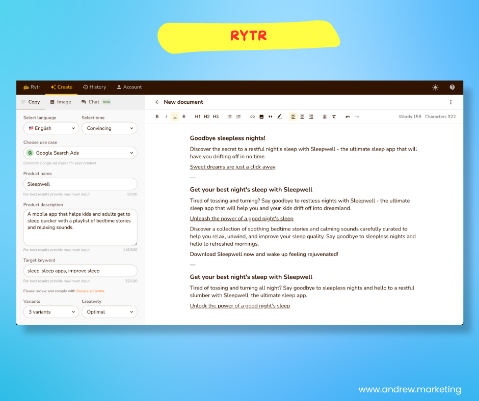 Rytr AI copy writing tool